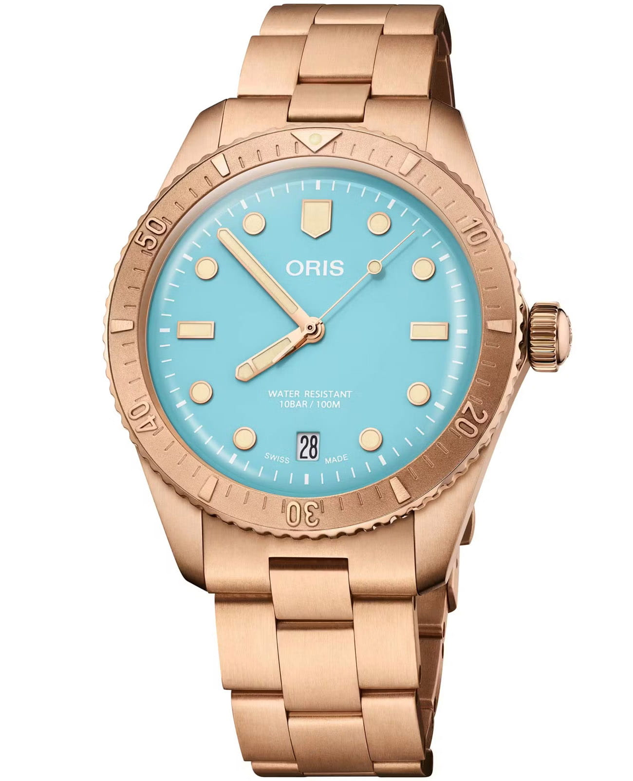 Oris Oris Divers Sixty‑Five 'Cotton Candy' 01 733 7771 3155-07 8 19 15  01 733 7771 3155-07 8 19 15 механические мужские часы голубой циферблат, браслет бронза — вид спереди